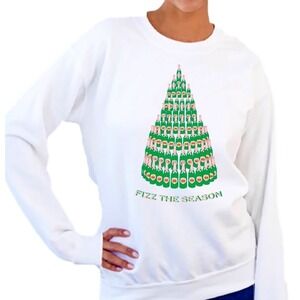 White‎ Crewneck Sweatshirt Fizz The Season Champagne Bottle Christmas Tree